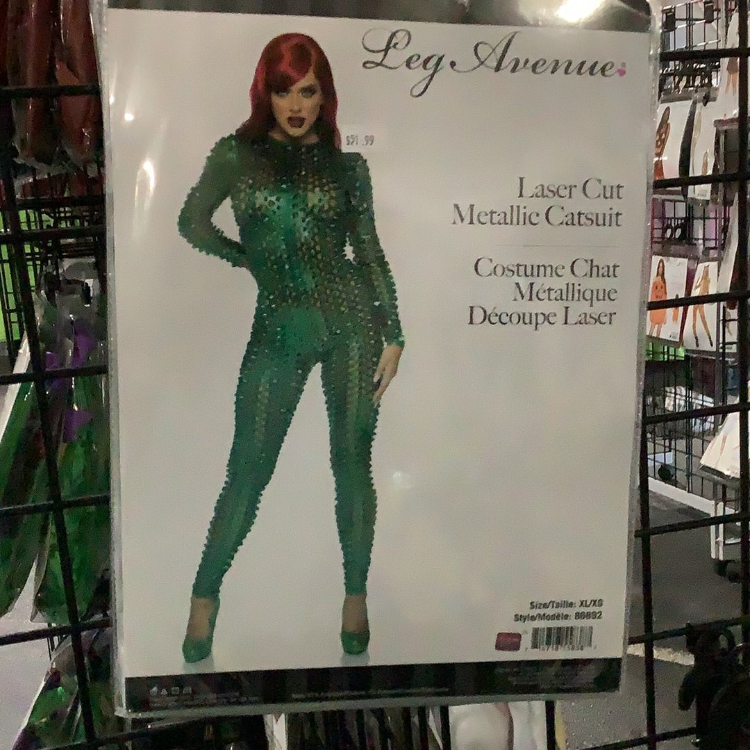 Laser Cut Metallic Catsuit Green - Adult