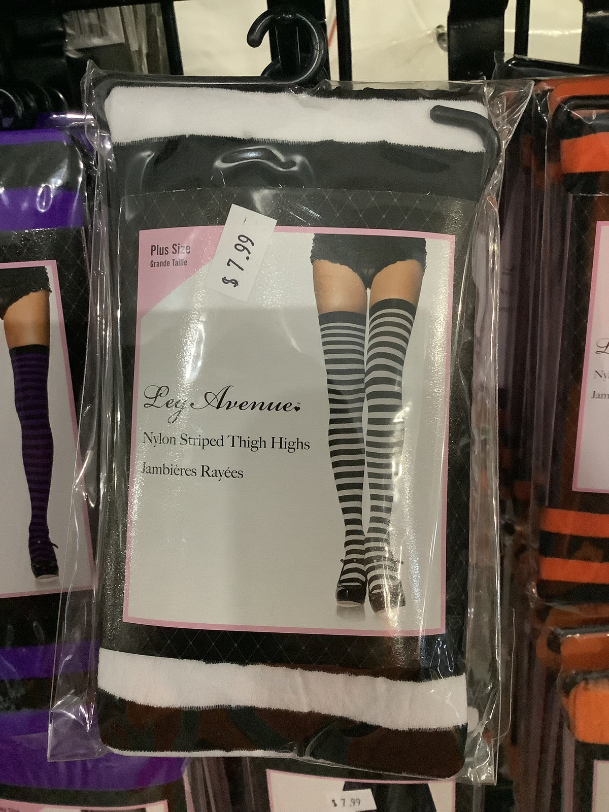 Nylon Striped Thigh High Tights -Black & White (Plus Size)