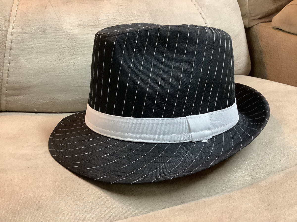 Black w/White Stripes Gangster Fedora