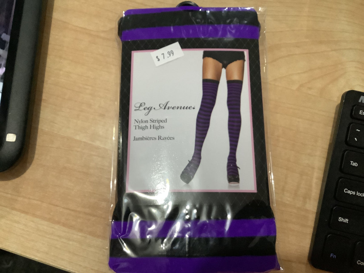 Nylon Striped Thigh High Tights- Purple & Black (One Size)