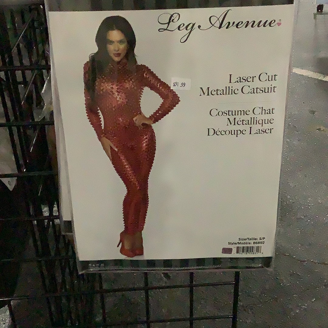 Laser Cut Metallic Catsuit Red - Adult