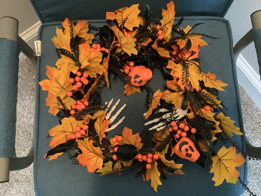 Skeleton Hands w Jack-o-lantern Floral Wreath