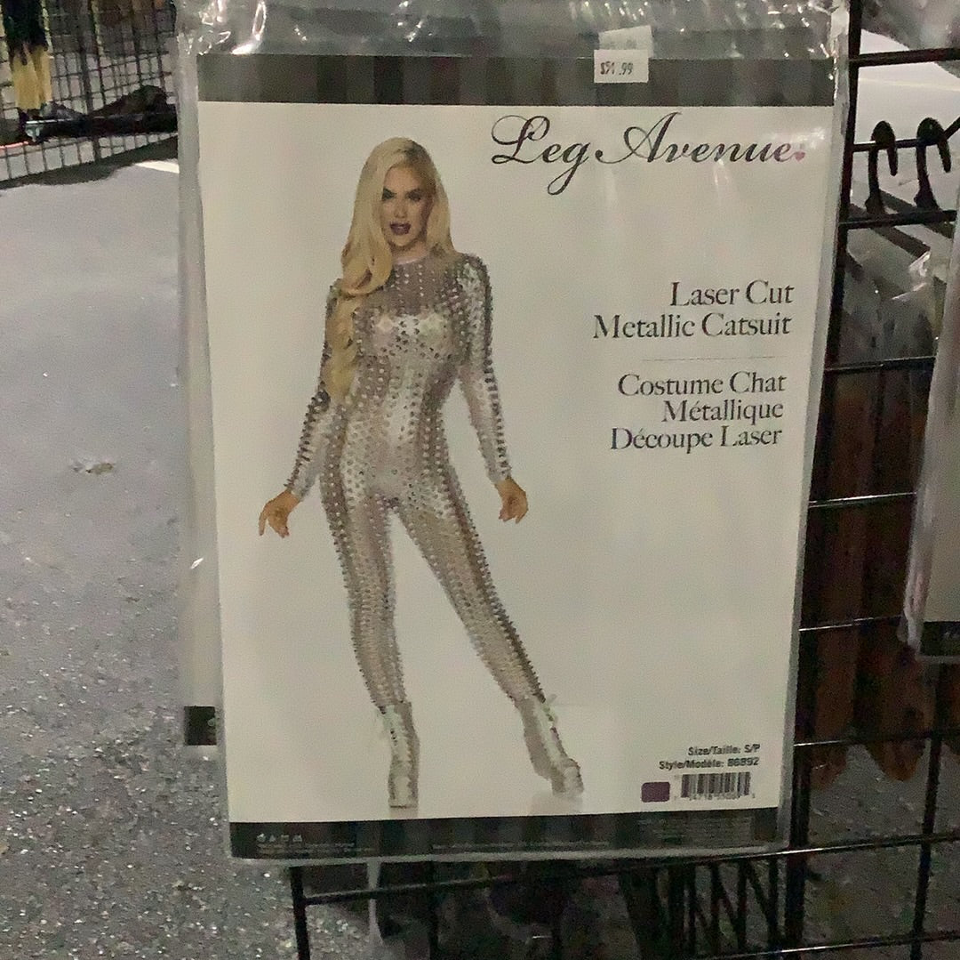 Laser Cut Metallic Catsuit Silver - Adult