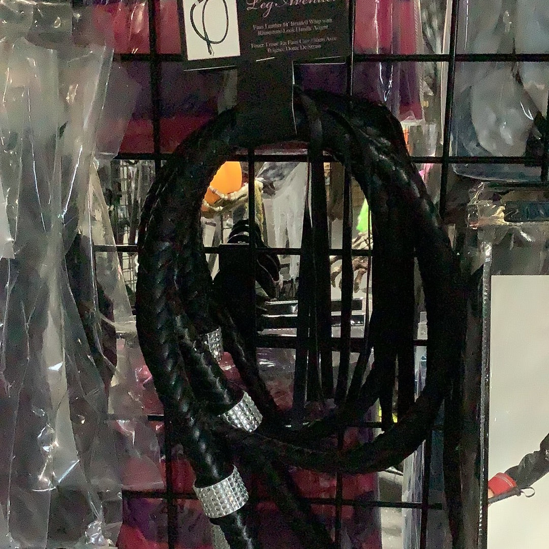 Faux Leather 54” Braided Whip w/Rhinestone Look Handle Accent