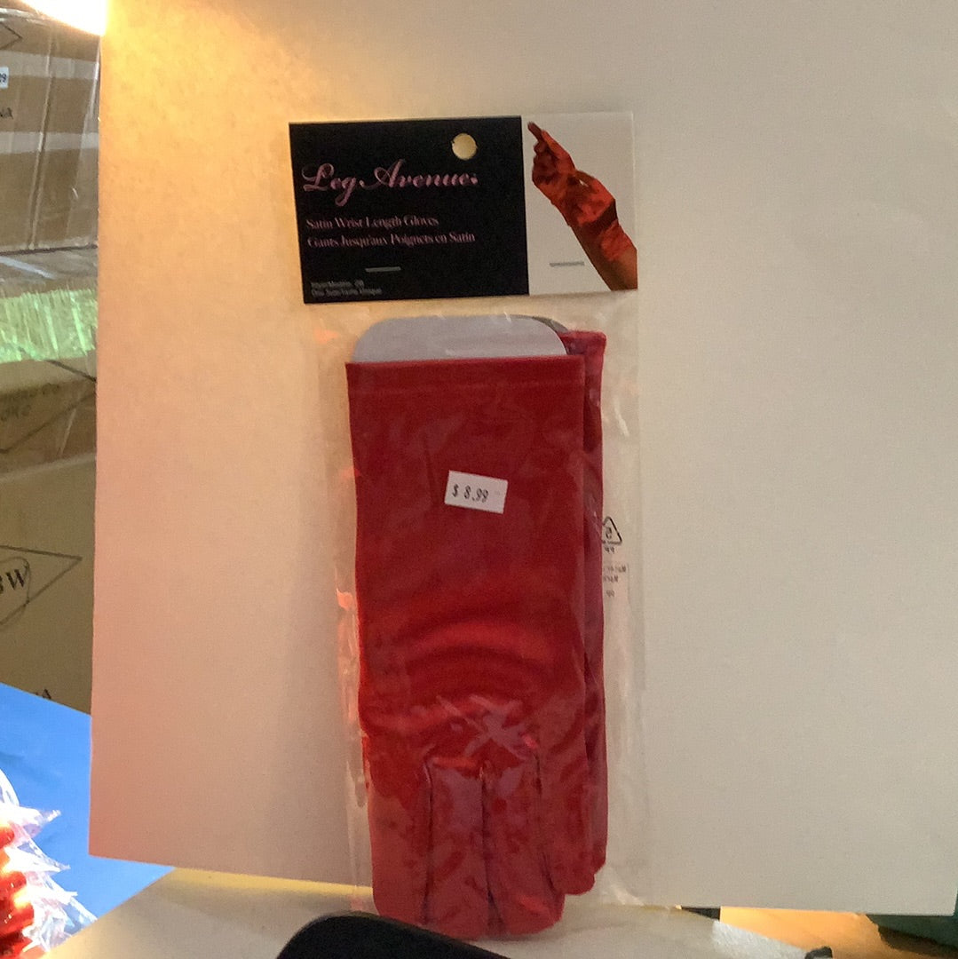 Satin Wrist Length Gloves -Red (One Size)